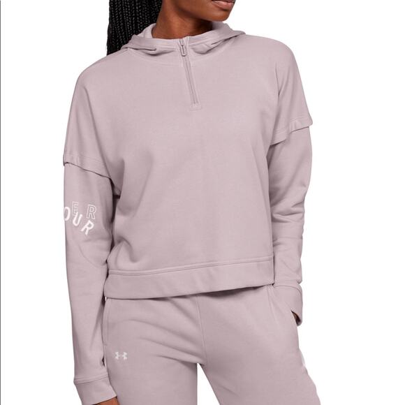 Under Armour Sweatshirt NWT Dusty Pink Cropped Hooded 1/4 Zip Logo Women's Large - Picture 2 of 5